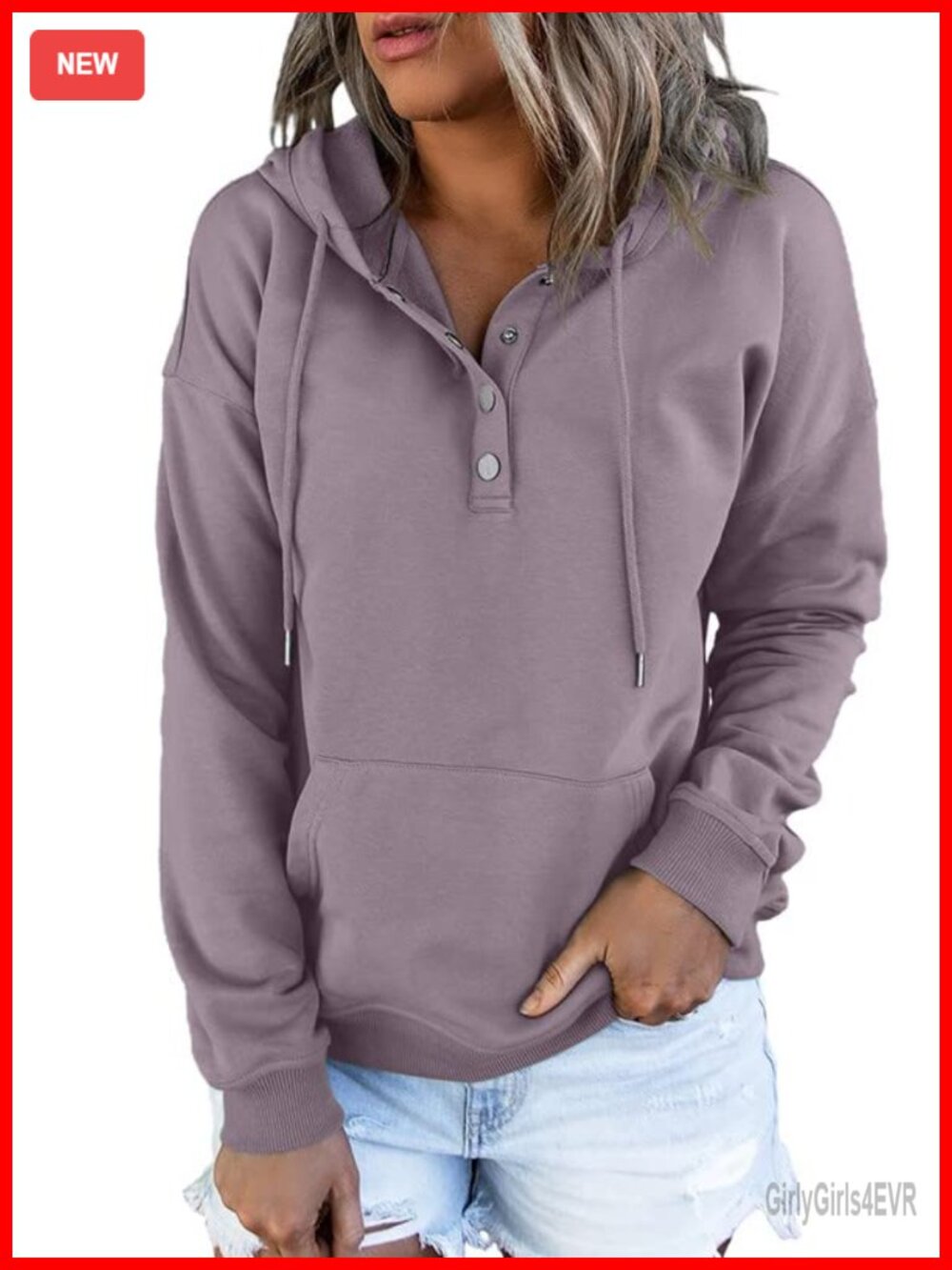 Womens Oversized Drawstring Hoodie Button Collar Kangaroo Pocket Sweatshirt
